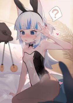 1girl ahedtra animal_ears bare_shoulders blue_eyes blue_hair blush breasts cat_ears detached_collar fake_animal_ears fins fish_tail fishnet_pantyhose fishnets gawr_gura heart heart-shaped_pupils highres hololive hololive_english hypnosis loli mind_control multicolored_hair open_mouth pantyhose pendulum playboy_bunny rabbit_ears shark_tail sitting small_breasts solo_focus sweat symbol-shaped_pupils tail translucent_bunnysuit v virtual_youtuber white_hair