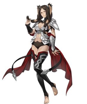 1girl animal_ears barefoot breasts brown_eyes brown_hair cape cleavage fire_emblem fire_emblem_awakening fire_emblem_heroes highres looking_at_viewer low_twintails medium_breasts navel nintendo non-web_source official_alternate_costume official_art panne_(fire_emblem) panne_(resplendent)_(fire_emblem) rabbit_ears rabbit_girl red_cape shoulder_pads solo tachi-e thighhighs twintails twirling_hair