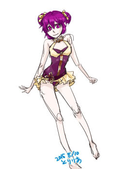 1girl acolyte_(ragnarok_online) adapted_costume breasts closed_mouth commentary_request dated double_bun frilled_one-piece_swimsuit frills full_body hair_bun highres looking_at_viewer medium_breasts one-piece_swimsuit purple_eyes purple_hair purple_one-piece_swimsuit ragnarok_online short_hair simple_background smile solo standing swimsuit toriria white_background