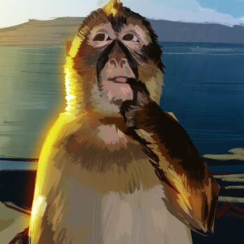 animal_focus brown_eyes commentary english_commentary finger_in_own_mouth highres lewcidus looking_to_the_side meme monkey monkey_thinking_(meme) ocean original painting_(medium) parted_lips photo-referenced real_life solo traditional_media upper_body