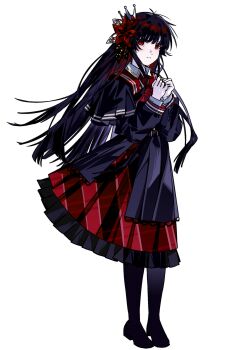 Rule 34 | 1girl, absurdres, black capelet, black hair, black shirt, black shoes, black skirt, capelet, closed mouth, commentary request, crown, flower, full body, hair flower, hair ornament, hands up, highres, layered skirt, long hair, long sleeves, looking at viewer, mahou shoujo no majo saiban, necktie, nikaido hiro, own hands together, pantyhose, pleated skirt, red eyes, red flower, red necktie, red skirt, shirt, shoes, simple background, skirt, solo, standing, weitaming xiong, white background