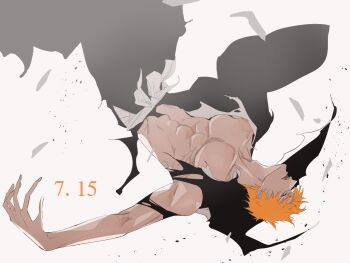1boy abs black_kimono bleach dated feet_out_of_frame highres japanese_clothes kimono kurosaki_ichigo male_focus mozukurinn muscular muscular_male open_mouth orange_hair pectorals shihakusho short_hair solo spiked_hair torn_clothes white_background