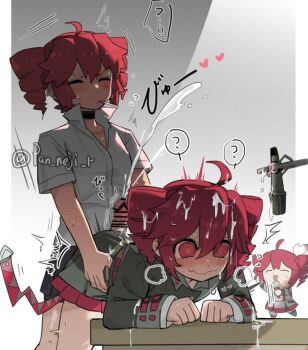 3girls ? @_@ against_table artist_name bar_censor bent_over black_choker black_skirt blush buttjob censored choker closed_eyes commentary_request commission cum cum_on_clothes cum_on_hair drill_hair ejaculation futa_with_female futanari grey_jacket holding holding_microphone jacket kasane_teto kasane_teto_(sv) kasane_teto_(voicepeak) microphone mosaic_censoring multiple_girls nejikyuu orgasm penis red_eyes red_hair selfcest sex sex_from_behind shirt skirt spoken_question_mark sweat synthesizer_v tetoris_(synthesizer_v) triple_ryuunen twitching twitter_username utau voicepeak white_shirt