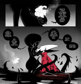 2girls ange_(angeban93) arthropod_girl black_skin cloak colored_skin colored_speech_bubble english_text flower glowing_flower grabbing_another&#039;s_head highres holding holding_flower hollow_eyes hollow_knight hollow_knight:_silksong hornet_(hollow_knight) kneeling lace_(hollow_knight) looking_at_another lost_lace multiple_girls needle_(hollow_knight) red_cloak speech_bubble spoilers tentacles white_flower white_mask