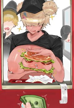 2girls 2others :p absurdres banknote baseball_cap black_shirt blonde_hair blunt_bangs bread_bun breast_lift breasts breasts_out clothes_lift commentary covered_eyes dark-skinned_female dark_skin double_bun ear_piercing employee_uniform english_commentary face_piercing facing_viewer fast_food_uniform food food_on_body food_on_breasts gyaru hair_bun hair_ornament hair_over_eyes hairclip hat headset highres holding holding_money huge_breasts large_areolae lettuce lip_piercing meme memixz money motion_lines multiple_girls multiple_others nipple_piercing nipples no_eyes notice_lines original piercing pov pov_hands profanity receipt restaurant sandwich shirt shirt_lift short_hair short_sleeves solo_focus star_(symbol) sweat tinka_(tttinkaaaaa) tomato tomato_slice tongue tongue_out upper_body you're_doing_it_wrong your_order_is_ready_(meme)