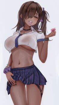 1girl 462vvv absurdres biting black_hair blue_skirt breasts choker clothes_lift collarbone condom condom_in_mouth condom_wrapper cowboy_shot crop_top dark-skinned_female dark_skin gluteal_fold goddess_of_victory:_nikke grin gyaru hair_ornament hair_over_one_eye highres holding kogal large_breasts lifting_own_clothes long_hair looking_at_viewer mole mole_under_mouth mouth_hold naga_(nikke) nail_polish navel necktie no_bra no_panties school_uniform shirt side_ponytail simple_background skirt skirt_lift smile solo stomach teeth thigh_strap thighs underboob white_background white_shirt wristband yellow_eyes