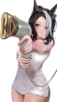Rule 34 | 1girl, absurdres, animal ears, black hair, blush, breasts, closed mouth, commentary request, cowboy shot, grey eyes, hair bun, hair dryer, highres, holding, holding hair dryer, horse ears, horse girl, large breasts, mejiro ramonu (umamusume), mole, mole under eye, multicolored hair, naked towel, simple background, solo, streaked hair, towel, umainu 2002, umamusume, white background, white hair