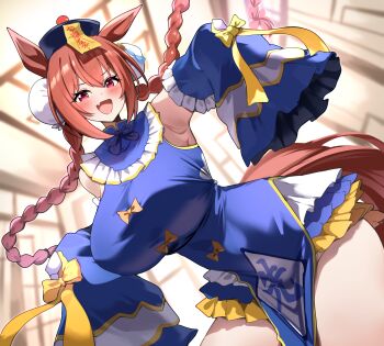 1girl absurdres animal_ears armpits blue_dress blush braid breasts commentary_request daiwa_scarlet_(umamusume) detached_sleeves double_bun dress fang hair_between_eyes hair_bun highres horse_ears horse_girl horse_tail jiangshi jiangshi_costume large_breasts long_sleeves looking_at_viewer open_mouth red_eyes red_hair skin_fang smile smoke_klll solo tail twin_braids umamusume