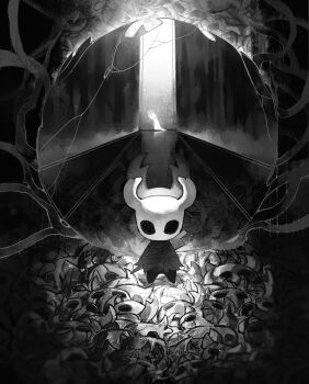 1boy 1other black_eyes broken_mask cloak crack darkdog father_and_child grey_cloak highres hollow_eyes hollow_knight horned_mask horns knight_(hollow_knight) mask mirror nail_(hollow_knight) pale_king_(hollow_knight) reflection solo_focus white_mask