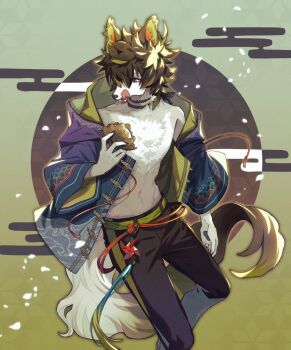 1boy blue_jacket body_fur brown_eyes claws commentary egasumi feet_out_of_frame food fuji_166 furry furry_male green_background green_fur green_hair hand_up jacket kashiwa_mochi_(food) licking_lips looking_to_the_side male_focus mochi no_shirt open_clothes open_jacket open_mouth original solo symbol-only_commentary tail tongue tongue_out white_fur wolf_boy