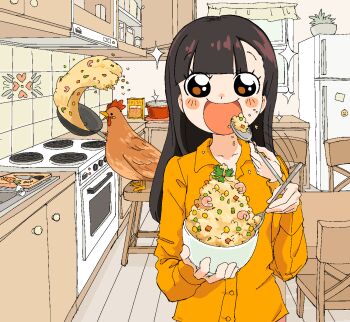 1girl :d afterimage bird black_hair blunt_bangs blush brown_eyes carrot chair chicken collared_shirt commentary cooking corn eating english_commentary food fried_rice_prank_(meme) highres holding holding_spoon indoors kitchen long_hair long_sleeves looking_at_viewer meme open_mouth orange_shirt original oven refrigerator rice shirt shrimp shrimp_fried_this_rice_(meme) smile solo spoon stove sweetbreadyay table upper_body window wok