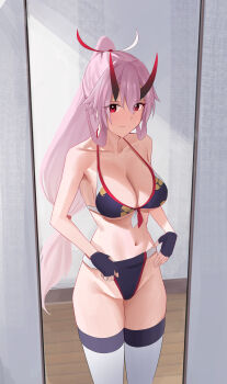 1girl absurdres bikini breasts cleavage collarbone fate/grand_order fate_(series) full-length_mirror grey_eyes hair_between_eyes highres horns indoors large_breasts light_smile long_hair looking_at_viewer low-tied_long_hair mirror mitsudomoe_(shape) navel o_taku oni ponytail purple_bikini red_eyes reflection reflection_focus solo standing swimsuit thighhighs tomoe_(symbol) tomoe_gozen_(fate) tomoe_gozen_(swimsuit_saber)_(fate) tomoe_gozen_(swimsuit_saber)_(third_ascension)_(fate) wooden_floor