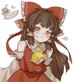 1girl :t anger_vein angry ascot bare_shoulders blush bow brown_hair commentary detached_sleeves hair_bow hair_tubes hakurei_reimu long_hair looking_at_viewer orange_eyes red_bow red_shirt red_skirt saakarinrin shirt skirt sleeveless sleeveless_shirt solo touhou upper_body yellow_ascot