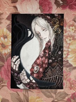 Rule 34 | 1girl, 1other, ascot, bloodborne, bonnet, bright pupils, cloak, commentary request, creature, doll joints, eldritch abomination, fingerless gloves, floral border, flower, fringe-trimmed capelet, gem, gloves, grey eyes, hat, hat flower, highres, holding, holding creature, hunter (great one) (bloodborne), joints, lace, looking at viewer, pale skin, parted bangs, plain doll, red ascot, slug, soldalepaz11, squid, upper body, white background, white hair, white pupils