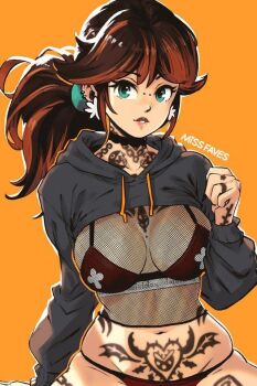 Rule 34 | 1girl, alternate costume, bikini, black choker, blue eyes, breasts, brown hair, chain chomp, choker, cleavage, ear piercing, earrings, face piercing, fishnet top, fishnets, flower earrings, goth fashion, hood, hoodie, jewelry, large breasts, long hair, looking at viewer, mario (series), midriff, miss faves, navel, nintendo, nose piercing, piercing, piranha plant, ponytail, princess daisy, skindentation, sports bra, swimsuit, tattoo