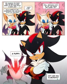 Rule 34 | 1boy, 1girl, bat girl, bat wings, boots, breasts, cleavage, english text, gloves, green eyes, hand on own hip, hedgehog boy, highres, lips, looking at viewer, red eyes, red lips, rouge the bat, shadow the hedgehog, sonic (series), sparkle, speech bubble, ssanaaloves, white boots, white gloves, wings