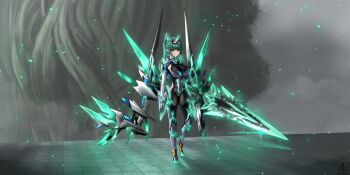 1girl absurdres armored_bodysuit boots breasts brown_pantyhose chest_jewel chu-e cleavage core_crystal_(xenoblade) earrings giant_tree gloves greatsword greek_text green_eyes green_hair high_heel_boots high_heels highres holding holding_sword holding_weapon huge_weapon jewelry large_breasts long_hair looking_at_viewer neon_trim pantyhose pneuma_(xenoblade) ponytail scene_reference smile solo swept_bangs sword thigh_boots tiara tree very_long_hair weapon world_tree_(xenoblade) xenoblade_chronicles_(series) xenoblade_chronicles_2