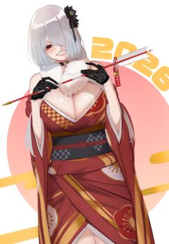 .cho_(ten_chou) 1girl 2026 absurdres arrow_(projectile) black_flower black_gloves breasts collar commentary_request cowboy_shot dutch_angle flower furisode gloves hair_flower hair_ornament hair_over_one_eye highres holding holding_arrow japanese_clothes kimono lace lace_gloves large_breasts looking_at_viewer original red_eyes red_kimono smile solo white_hair