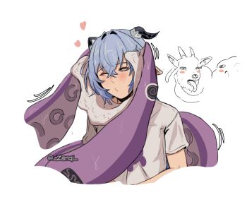 Rule 34 | 2girls, alternate costume, animal ears, black horns, blue hair, blush, commentary, cropped torso, crossed bangs, ear blush, english commentary, goat, goat ears, goat girl, goat horns, hair between eyes, hair intakes, heart, highres, horizontal pupils, horns, looking to the side, lucia elowen, motion lines, multiple girls, octopus, one eye closed, pointy ears, shirt, simple background, suction cups, t-shirt, tentacles, towel, twitter username, wet, wet face, wet hair, white background, white shirt, wiping, yidhari murphy, yuri, zanqi, zenless zone zero