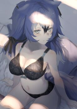 1girl absurdres animal_ears black_bra black_ribbon blue_hair blush bra dire_wolf_(kemono_friends) extra_ears grey_eyes highres kaku_(drawing_twi) kemono_friends long_hair navel on_bed pillow ribbon solo tail twintails underwear wolf_ears wolf_girl wolf_tail