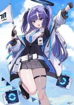 1girl absurdres arm_up black_gloves black_skirt blue_archive blue_necktie blue_sky cloud cloudy_sky collared_shirt gloves half_gloves halo highres jacket kkato long_hair long_sleeves looking_at_viewer necktie open_mouth purple_hair school_uniform shirt skirt sky smile solo standing standing_on_one_leg thigh_strap two_side_up white_jacket white_shirt yuuka_(blue_archive)