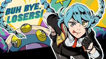 1girl ai_the_somnium_files ai_the_somnium_files:_nirvana_initiative aiba_(ai_the_somnium_files) all-out_attack black_gloves black_pants braid gloves heterochromatic_eyewear highres leaning_forward long_hair necktie okiura_mizuki pants persona persona_5 smokedham tinted_eyewear tongue tongue_out twin_braids twintails vest