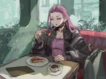 1girl absurdres black_jacket black_nails black_sclera booth_seating cake collar colored_sclera commentary_request cup earrings eating food fork highres holding holding_fork jacket jewelry jujutsu_kaisen kakapyramid leotard open_mouth pink_leotard plate restaurant sitting solo strawberry_shortcake table teacup uro_takako window