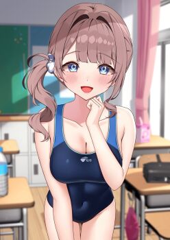 Rule 34 | 1girl, black one-piece swimsuit, blue eyes, blunt bangs, breasts, brown hair, chalkboard, charl2837, classroom, cleavage, commentary request, competition swimsuit, covered navel, curtains, desk, hair intakes, highres, indoors, leaning forward, looking at viewer, medium breasts, mochizuki honami, one-piece swimsuit, project sekai, school desk, school swimsuit, side ponytail, smile, solo, swimsuit, two-tone swimsuit, window