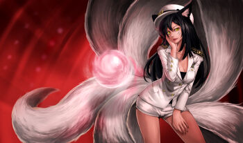 1girl :d ahri_(league_of_legends) alternate_costume animal_ears black_hair bow breasts cleavage contrapposto cosplay cowboy_shot energy_ball facial_mark female_focus fox_ears fox_tail generation_ahri girls'_generation glowing goomrrat hand_on_own_face hand_on_own_thigh hat hat_bow highres k-pop league_of_legends legs_apart long_sleeves looking_at_viewer military military_uniform multiple_tails naval_uniform open_mouth peaked_cap riot_games short_shorts shorts slit_pupils sm_entertainment smile solo standing tail whisker_markings white_shorts yellow_eyes
