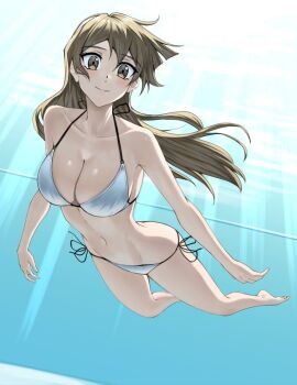 Rule 34 | 1girl, afloat, bikini, blonde hair, blush, breasts, brown eyes, butt crack, closed mouth, freediving, hair between eyes, holding breath, large breasts, long hair, looking at viewer, rourou ill, smile, solo, straight hair, submerged, swimming, swimsuit, tenjouin asuka, underwater, water, yu-gi-oh!, yu-gi-oh! gx