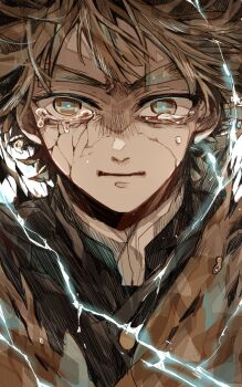 1boy agatsuma_zenitsu black_jacket blonde_hair buttons closed_mouth cracked_skin crying crying_with_eyes_open demon_slayer_uniform frown gold_buttons haori highres jacket japanese_clothes kimetsu_no_yaiba looking_at_viewer male_focus solo tears thunder torn_clothes upper_body yakitorisan09 yellow_eyes yellow_haori