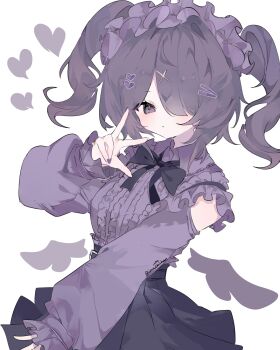 Rule 34 | 1girl, :<, ame-chan (needy girl overdose), artist name, belt, belt buckle, black belt, black bow, black bowtie, black eyes, black hair, black skirt, bow, bowtie, buckle, center frills, closed mouth, clothing cutout, collared shirt, commentary, cowboy shot, drawn wings, floating hair, frilled hairband, frilled headwear, frilled shirt, frilled sleeves, frills, hair ornament, hair over one eye, hairband, hairclip, hand up, heart, heart hair ornament, highres, imaichichan, instagram username, light blush, long sleeves, looking at viewer, medium hair, needy girl overdose, one eye covered, outstretched arm, pleated skirt, purple nails, shirt, shoulder cutout, skirt, sleeves past wrists, solo, suspender skirt, suspenders, twintails, twitter username, w, white background, x hair ornament