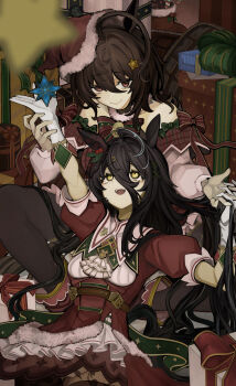 2girls absurdres agnes_tachyon_(umamusume) ahoge animal_ears black_hair black_pantyhose box brown_hair candy candy_cane christmas_stocking closed_mouth commentary_request ear_ornament food fur-trimmed_headwear fur_trim gift gift_box gloves hair_between_eyes hair_ornament hairclip hat highres holding horse_ears horse_girl huge_ahoge konpota_(kon_potamk2) leaning_on_person long_hair long_hair_between_eyes looking_at_viewer manhattan_cafe_(umamusume) multiple_girls open_mouth pantyhose puffy_short_sleeves puffy_sleeves red_eyes red_hat short_sleeves smile star_(symbol) star_hair_ornament teeth tilted_headwear umamusume upper_teeth_only very_long_hair white_gloves yellow_eyes