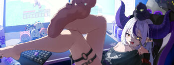 1girl absurdres akanbe alternate_costume armpit_crease bare_legs barefoot black_shirt blush braid braided_bangs can chair character_doll collarbone computer_keyboard crossed_legs crow_(la+_darknesss) demon_horns doll drink_can ear_piercing earrings eyelashes eyelid_pull feet finger_to_eye foot_focus foreshortening gaming_chair hair_between_eyes hakui_koyori highres hololive holox horns huge_horns incredibly_absurdres indoors jewelry kazama_iroha la+_darknesss leaning_back legs long_hair looking_at_viewer minecraft monitor nail_polish noname_(user_wkpu7848) piercing purple_hair purple_horns sakamata_chloe shirt single_bare_shoulder sitting skindentation soles striped_horns swivel_chair takane_lui thigh_strap thighs toenail_polish toenails toes tongue tongue_out virtual_youtuber yellow_eyes