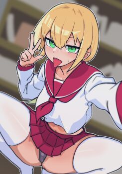 1girl black_panties blonde_hair blurry blurry_background commentary_request green_eyes hair_between_eyes imo_(himomosweet) indoors jikkyou_powerful_pro_yakyuu kawata_yurari long_hair looking_at_viewer low_ponytail m_legs necktie open_mouth panties pantyshot pleated_skirt ponytail power_pro_kun_pocket power_pro_kun_pocket_13 red_necktie red_sailor_collar red_skirt sailor_collar selfie shirt sitting skirt solo spread_legs sweatdrop thighhighs tongue tongue_out underwear v white_shirt white_thighhighs