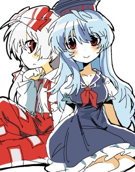 2girls bare_arms bare_legs blue_dress blue_hair blue_hat blush_stickers bow breasts buttons cleavage closed_mouth collarbone collared_dress collared_shirt commentary cowboy_shot dot_nose dress english_commentary eyes_visible_through_hair flat_chest frilled_dress frilled_sleeves frills frown fujiwara_no_mokou hair_between_eyes hair_bow hand_on_own_chin hat high-waist_pants kamishirasawa_keine knee_up kokum0tsu lapels large_bow long_hair long_sleeves looking_at_another looking_at_viewer loose_hair_strand medium_breasts medium_dress multiple_girls neckerchief notched_lapels ofuda ofuda_on_clothes pants pinafore_dress pleated_dress puffy_long_sleeves puffy_short_sleeves puffy_sleeves red_bow red_eyes red_garter red_neckerchief red_pants shirt short_sleeves sidelocks simple_background sitting sleeve_garter sleeveless sleeveless_dress smile suspenders tareme touhou two-tone_bow very_long_hair white_background white_bow white_hair white_shirt yokozuwari
