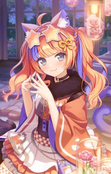1girl ahoge animal_ear_fluff animal_ear_piercing animal_ears apron asymmetrical_sleeves bedroom black_choker blue_eyes blue_hair blue_nails blush braid cat_ears cat_girl cat_tail cellphone cellphone_charm chain charm_(object) checkered_clothes choker closed_mouth cowboy_shot curtains cushion eyewear_on_head flower frilled_skirt frills fur_collar gradient_hair gradient_tail hair_ornament highres japanese_clothes kimono kimono_skirt layered_skirt long_hair long_sleeves looking_at_viewer mismatched_sleeves multicolored_hair multicolored_kimono multicolored_nails multiple_tails nail_polish nekomata nekoyashiki_miku night nijisanji obi orange-tinted_eyewear orange_hair own_hands_together paw_print phone pink_flower pink_rose red_hair red_kimono red_nails red_thighhighs rope rose rug sash shimenawa sitting skirt smile solo star-shaped_eyewear star_(symbol) streaked_hair stuffed_animal stuffed_cat stuffed_toy sunglasses tail thighhighs tinted_eyewear tokoshibyra twintails twintails_with_braided_base two_tails virtual_youtuber waist_apron white_apron white_kimono wide_sleeves window wooden_floor