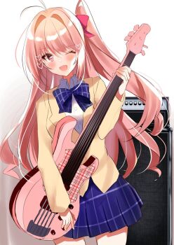 1girl blazer bow bowtie brown_jacket chaos;head collared_shirt dress_shirt electric_guitar guitar hair_bow heart holding holding_instrument instrument jacket lapels long_hair long_sleeves miniskirt nenobi_(nenorium) notched_lapels one_eye_closed one_side_up open_mouth pink_eyes pink_hair plaid_bow plaid_bowtie plaid_clothes plaid_skirt pleated_skirt purple_bow purple_bowtie purple_skirt sakihata_rimi school_uniform science_adventure shirt skirt smile solo suimei_academy_school_uniform tongue white_shirt