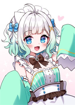 1girl :d ahoge blue_eyes blush bow breasts brown_bow center_frills cleavage collar commentary densetsu.exe detached_collar detached_sleeves english_commentary fang frills gradient_background gradient_hair green_hair green_sleeves grey_hair hair_intakes heart highres long_sleeves looking_at_viewer maid_headdress mint_fantome moorina multicolored_hair open_mouth pink_background sleeves_past_fingers sleeves_past_wrists small_breasts smile solo sparkle virtual_youtuber white_background white_collar wing_collar