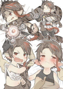 1girl :o :q ^_^ amputee balurga belt black_tank_top blush brown_eyes closed_eyes commentary_request crop_top ear_blush ear_piercing closed_eyes fang granblue_fantasy grey_hair grin hand_on_own_hip harvin mechanical_arms missing_limb multicolored_hair multiple_views navel open_mouth piercing pointy_ears red_eyes scarf short_hair single_mechanical_arm smile streaked_hair tank_top tomboy tongue tongue_out two-tone_hair v-shaped_eyebrows walkalone wavy_mouth