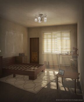 3d bed_frame binder carpet ceiling ceiling_light chair door doorknob drawer drawing_(object) highres indoors interior mixer_(cooking) no_humans original picture_frame radio scenery shadow sunlight surafin table wall window wooden_chair wooden_table