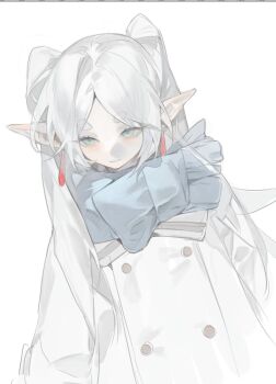 1girl aqua_eyes art_program_in_frame blue_scarf closed_mouth coat earrings elf eteru eyelashes frieren highres jewelry long_hair long_sleeves parted_bangs pointy_ears scarf simple_background sketch solo sousou_no_frieren twintails upper_body white_background white_coat white_hair white_theme winter_clothes