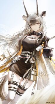 1girl absurdres animal_ears arknights armband black_armband black_dress blue_sky breasts chenmo_mo_pie chinese_commentary commentary_request day dress grey_eyes grey_hair hadiya_(arknights) highres horns id_card incredibly_absurdres infection_monitor_(arknights) jacket long_hair looking_at_viewer medium_breasts mole mole_under_eye multicolored_hair open_clothes open_jacket outdoors parted_lips sky smile solo tail thigh_strap thighhighs thighs two-tone_hair white_jacket white_thighhighs