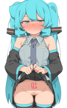 1girl abmayo absurdres bandaid bandaid_on_pussy bare_shoulders black_skirt black_sleeves black_thighhighs blue_eyes blue_hair blush breasts closed_mouth clothes_lift collared_shirt commentary_request detached_sleeves gluteal_fold grey_necktie grey_shirt groin hatsune_miku highres lifting_own_clothes long_hair long_sleeves looking_at_viewer medium_breasts miniskirt necktie no_panties nose_blush number_tattoo pleated_skirt pubic_tattoo shirt skindentation skirt skirt_lift solo tattoo thighhighs twintails very_long_hair vocaloid