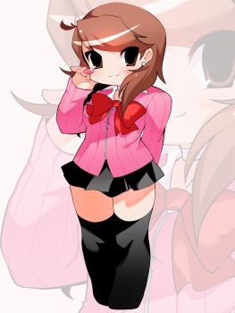 1girl 2000s_(style) bow brown_hair cardigan chibi chibi_only full_body heyrvcksack highres miniskirt persona persona_3 pink_cardigan red_bow skirt takeba_yukari