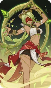 1girl arm_up bad_source black_bridal_gauntlets blindfold braid breasts bridal_gauntlets closed_mouth colored_blindfold covered_eyes dark-skinned_female dark_skin eremite_floral_ring-dancer_(genshin_impact) facing_viewer floating_hair genshin_impact green_hair long_hair medium_breasts navel official_art reaching reaching_towards_viewer red_sash sash smile solo standing stomach