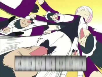 6+boys 6+girls animated anime_screenshot big_belly burp butler closed_eyes dress guu_(jungle_wa_itsumo) jungle_wa_itsumo_hare_nochi_guu maid multicolored_hair multiple_boys multiple_girls pink_dress pink_hair satisfied_look scarf short_hair smile sound swallowing tagme two-tone_hair video vore white_hair yellow_scarf
