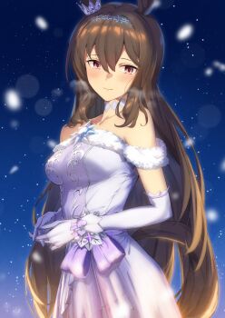 Rule 34 | 1girl, admire vega (glacialis vega) (umamusume), admire vega (umamusume), animal ears, bare shoulders, blush, breasts, brown hair, choker, closed mouth, collarbone, commentary request, crown, dress, ear ornament, ear through crown, elbow gloves, gloves, hair between eyes, hairband, highres, horse ears, horse girl, horse tail, kagari liroi, long hair, looking at viewer, medium breasts, night, night sky, official alternate costume, purple eyes, sky, smile, solo, star (sky), tail, umamusume, white dress, white gloves