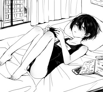 1boy bare_legs bare_shoulders barefoot book bulge cellphone collarbone commentary crossdressing crossdressing_(mtf) curtains dot_nose full_body geki_(sunaba_(nczd5875)) hair_between_eyes hands_up head_on_pillow holding indoors knees_up looking_up lying male_focus monochrome on_back on_bed one-piece_swimsuit open_book open_mouth original phone pillow school_swimsuit short_hair sketch sketch_background smartphone solo sunaba_(nczd5875) sweatdrop swimsuit thighs toes trap window