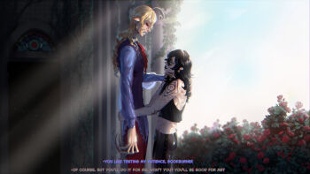 Rule 34 | 2boys, absurdres, ahoge, black hair, blackberreh-art, blonde hair, bulge, bush, commentary, cropped shirt, crow's feet, distortion (tma), earrings, english commentary, eye tattoo, face piercing, flower, gerard keay, girly boy, goth fashion, height, highres, hoop earrings, hug, jewelry, leather, leather pants, long fingers, long hair, michael shelley, midriff, monster boy, multiple boys, pants, piercing, pointy ears, red flower, red rose, rose, scar, snakebite (piercing), subtitled, tattoo, the magnus archives, vest, yaoi